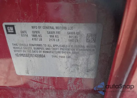 2014 Chevrolet Cruze 2Lt Auto из США, поврежденный, VIN 1G1PE5SB7E7438694